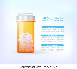 Pills bottle.Medical capsules container.info graphic.Painkillers, antibiotics, vitamins, amino acids, minerals. Icons of medicament. Medical illustration on blue background.