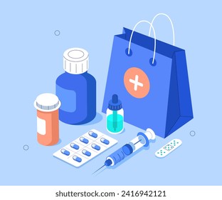 Pills, bottles, capsules, medicaments lying near shopping bag. Pharmacy and drugstore concept. Vector isometric illustration 
