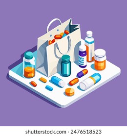 Pills, bottles, capsules and other medicaments lying near shopping bag cartoon illustration. Medical pixel pills bottle isolated. Eps 10