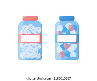 Pills bottles isolated. Vector flat illustration of medicines. Сapsules, pills and medical tablets in transparent packaging. Pharmacy products on white background.