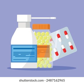 Pills and bottles with medicines. Set of medications. Vector illustration.