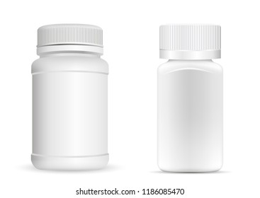 Pills bottles. White round and square medical container for drugs, diet, nutritional supplements. Vector illustration isolated on white background.