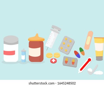 Pills and bottles.Tablets, capsules, powder form, common medicine, bandages, thermometer and syringe are in the pharmacy.
