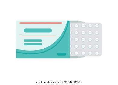 Pills Box In Blister. Packaging With Medicines. Medical, Therapeutic Pills, Capsules, Tablets. Medicines, Medications For Treatment. Logo Of Pharmacy.  Vector Illustration