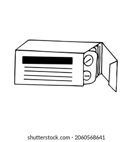 píldoras en un doodle dibujado a mano en caja. vector, escandinavo, nórdico, minimalismo, monocromo. de %PRODUCTNAME. medicina, salud, tratamiento.