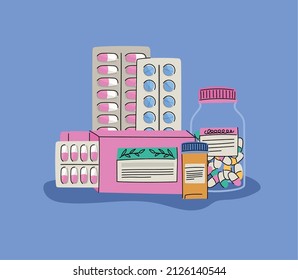 ilustración de cajas de píldoras con letras