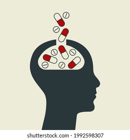 Pills and brain symbol. Profile of person with falling capsules. Treatment of depression. Therapy of mental disorders sign. Drug overdose concept. Psychiatry logo