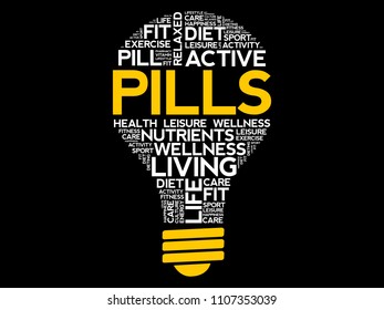 PILLS bulb word cloud collage, health concept background