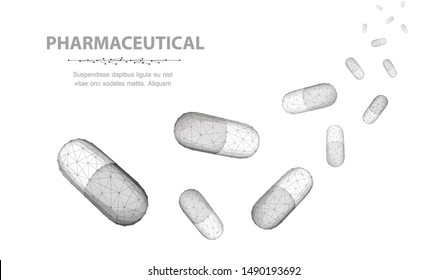 Pills. A lot of capsule pills falling down isolated on white background. Medical pharmacy, health, many vitamin, antibiotic pharmaceutical, treatment concept. Abstract 3d illustration, Closeup