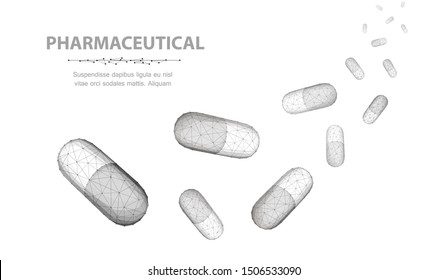 Pills. A lot of capsule pills falling down isolated on white background. Medical pharmacy, health, many vitamin, antibiotic pharmaceutical, treatment concept. Abstract 3d illustration, Closeup