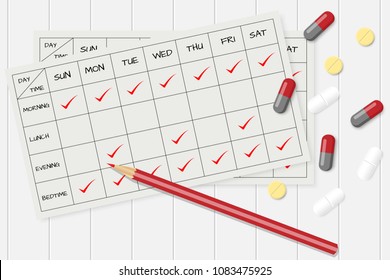 Pills, Capsule And Medication Management Card Vector.