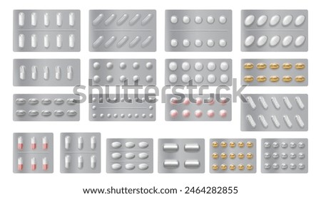 Pills and capsules blisters, isolated different shape realistic tabs in packs. Vector drugs packaging, pharmaceutical medical care. Pharmacy products, drugstore medicine for staying healthy