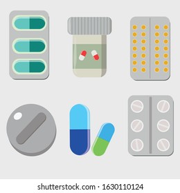 Pills, capsules blisters, plastic tubes with caps. Drug medication and supplements collection. Vector illustration
