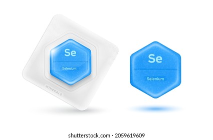 Pills capsules blue essential chemical selenium minerals or Dietary element. Vitamin complex food sources for human body needs them to grow and stay healthy. Realistic 3D vector Illustration.