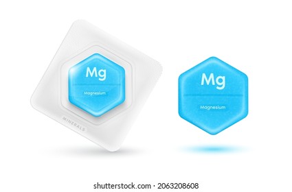 Pills capsules blue essential chemical magnesium minerals or Dietary element. Vitamin complex food sources for human body needs them to grow and stay healthy. Realistic 3D vector Illustration.