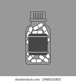 Pills and capsules in bottle. Antibiotic. Flat medicine container with drugs
