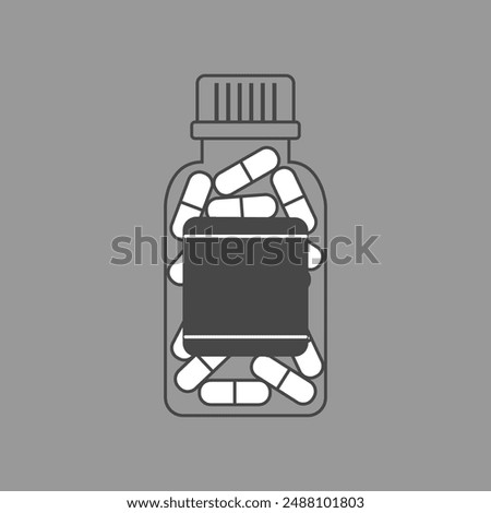 Pills and capsules in bottle. Antibiotic. Flat medicine container with drugs