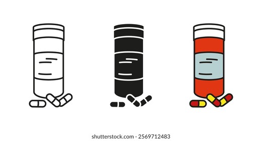 Pills capsules with bottle icon. Medicines container vector illustration. Pharmaceutical treatment symbol. Drug or vitamin supplement sign. Painkiller, antibiotic or aspirin tablets. Remedy pictogram.