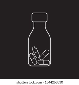 Pills or capsules in bottle line icon. Outline art vector illustration.