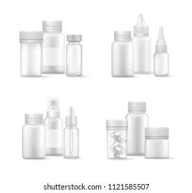 Pills and capsules in bottles collection of packaging for medical products helping people to recover quickly, containers set, vector illustration