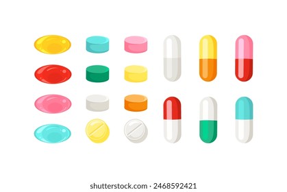 Pills and capsules collection. Set of colorful medication. Vector cartoon flat illustration.