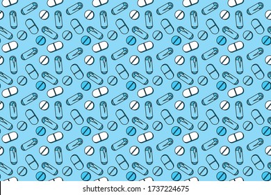 Pills and capsules of different shapes on a blue background. Seamless vector pattern