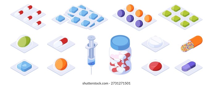 Pastillas y cápsulas en diferentes Formas. Vector aislado isométrico de forma redonda y cuadrada tabletas, botella de la medicina y jeringuilla. Productos farmacéuticos, suministros médicos y atención sanitaria
