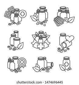 Pills and capsules elements set. Medical bottle collection. Vector 