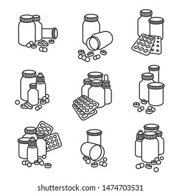 Pills and capsules elements set. Medical bottle collection. Vector