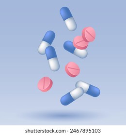 Pills and capsules falling vector pharmaceutical illustration. Medical treatment concept. Blue and white 3d capsules, pink ibuprofen pills, medical drugs againts pain, flu. Intensive therapy drugs