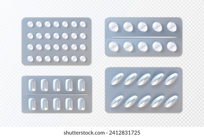 Bolsas y cápsulas en blíster de lámina de aluminio. Ilustración vectorial realista conjunto de la medicina en el paquete plástico sobre fondo transparente. Plantilla de simulación de la tableta de medicación médica en el contenedor de cajas.