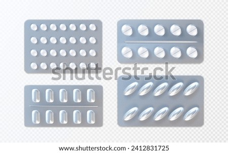 Pills and capsules in foil blister pack mockup. Realistic vector illustration set of medicine in plastic package on transparent background. Template mock up of medical drug tablet in box container.