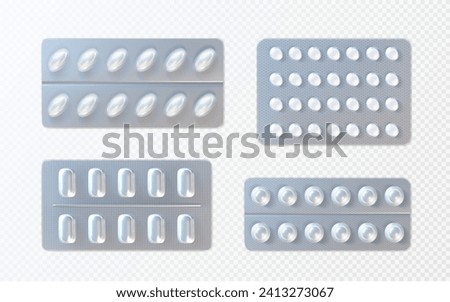 Pills and capsules in foil blister pack mockup. Realistic vector illustration set of medicine in plastic package on transparent background. Template mock up of medical drug tablet in box container.