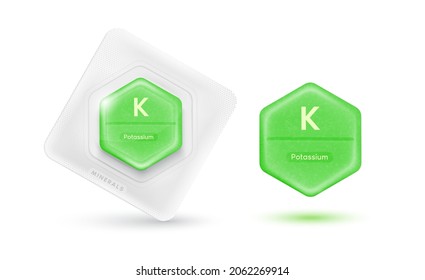 Pills capsules green essential chemical potassium minerals or Dietary element. Vitamin complex food sources for human body needs them to grow and stay healthy. Realistic 3D vector Illustration.