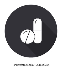 pills and capsules icon with long shadow - vector round button