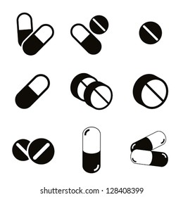 Pills and capsules icon set, single color vectors collection.