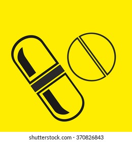 Pills and capsules icon set, single color vectors collection.