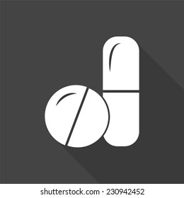 pills and capsules icon - vector illustration with long shadow isolated on gray 