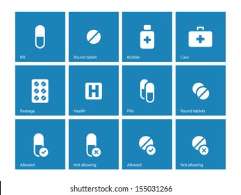 Pills and capsules icons on blue background. Vector illustration.