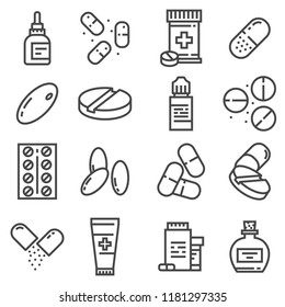 Pills and capsules icons set. Vector illustration. Pharmacy symbols. Eyedrops, Antidepressants, Pilule, Ointment and more