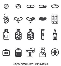 Pills and capsules icons set. Vector illustration. Pharmacy symbols and objects. 