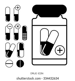 Pills and capsules icons set. Vector illustration. Pharmacy symbols and objects.
