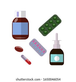 Pillt Kapseln Symbole Vektorillustration flach Set. Medizinisches Vitamin, Nasenspray Apotheke Vektorillustration Illustration.Set von Pillen und Medikamenten in der Packung. 