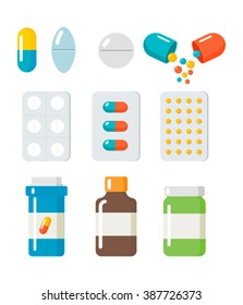 Pills, capsules icons vector flat set.