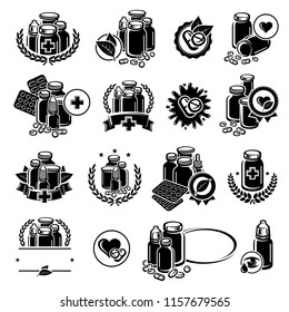 Pills and capsules labels and elements set. Medical bottle collection. Vector