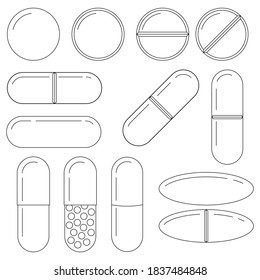 Pills and capsules line art icon set isolated on white background. White different forms medicine tablets  - round and oblong, oval drugs collection. Vector flat design linear style icon illustration.