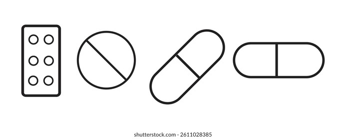 Pills or capsules line icon set vector isolated on white background 