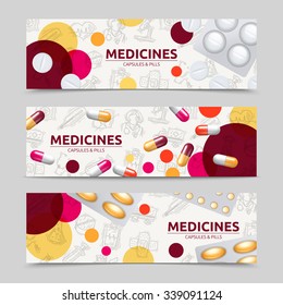 Pills capsules and medicines horizontal banner set isolated vector illustration