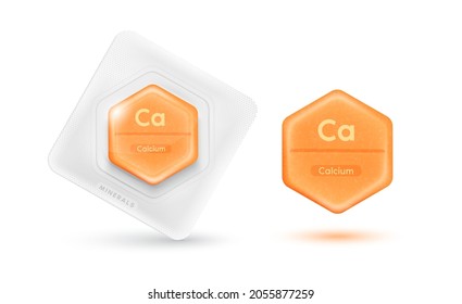 Pills capsules orange essential chemical calcium minerals or Dietary element. Vitamin complex food sources for human body needs them to grow and stay healthy. Realistic 3D vector Illustration.