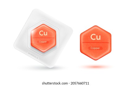 Pills capsules orange essential chemical copper minerals or Dietary element. Vitamin complex food sources for human body needs them to grow and stay healthy. Realistic 3D vector Illustration.